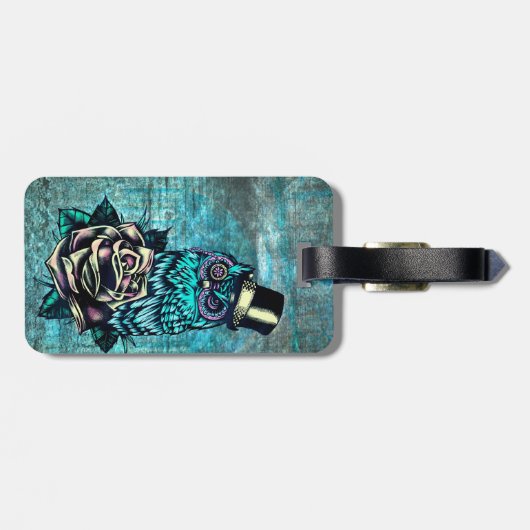 デジタルティール(緑がかった色)木基盤の賢い入れ墨のスタイルのフクロウがあって下さい ラゲッジタグ (裏面横)