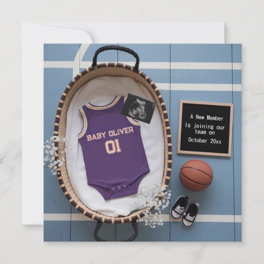 デジタルバスケットボールをテーマにした妊娠告知 招待状 (正面)