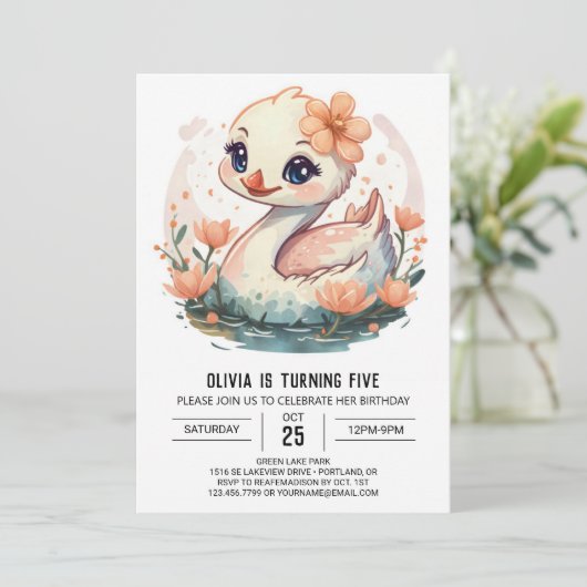 デジタルピンクスワンバード誕生日 招待状 (スタンド正面)