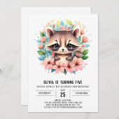 デジタルピンクラクーンガール誕生日 招待状 (正面/裏面)