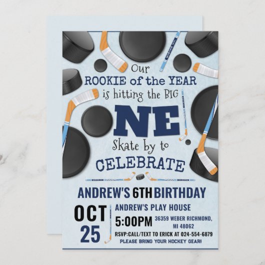 デジタルホッケーのパーソナライズ1回目の誕生日パーティー 招待状 (正面/裏面)