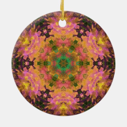 デジタルマンダラピンク黄色と緑 セラミックオーナメント (裏面)