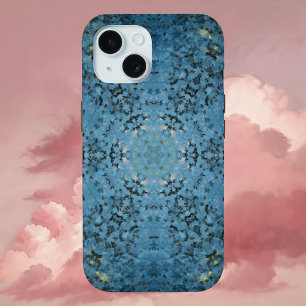デジタルマンダラブルーとイエロー iPhone 15ケース