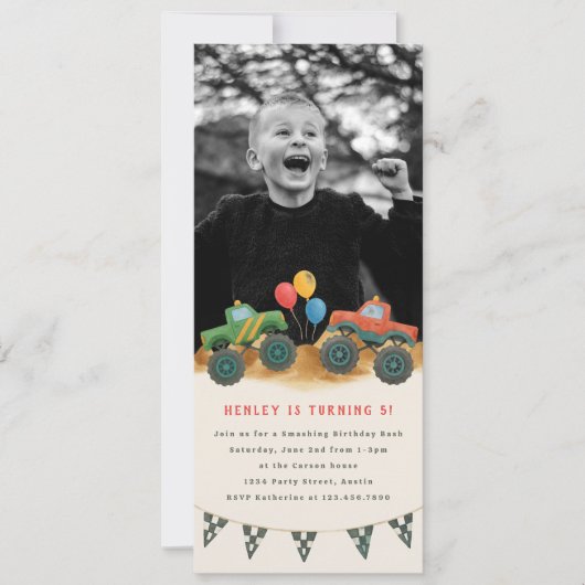 デジタルモンスタートラックキッズフォトバースデーパーティー 招待状 (正面)