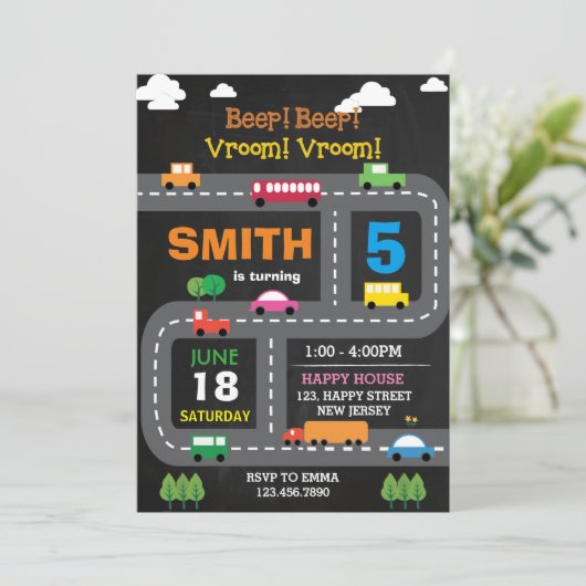 デジタル印刷可能トランスポート誕生日招待状 招待状 (スタンド正面)