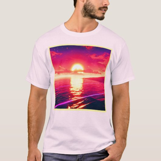 デジタル合成波サンセット海反射 Tシャツ (正面)