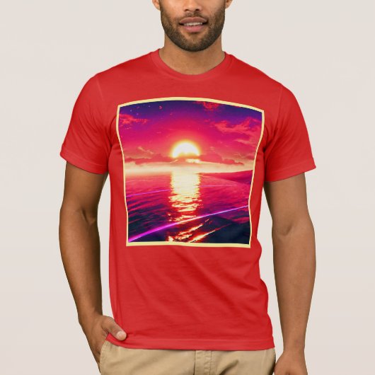 デジタル合成波サンセット海反射 Tシャツ (正面)