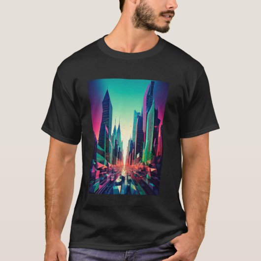デジタル太陽とヤシの木のあるシュールなヴェイパーウェーブの街 Tシャツ (正面)