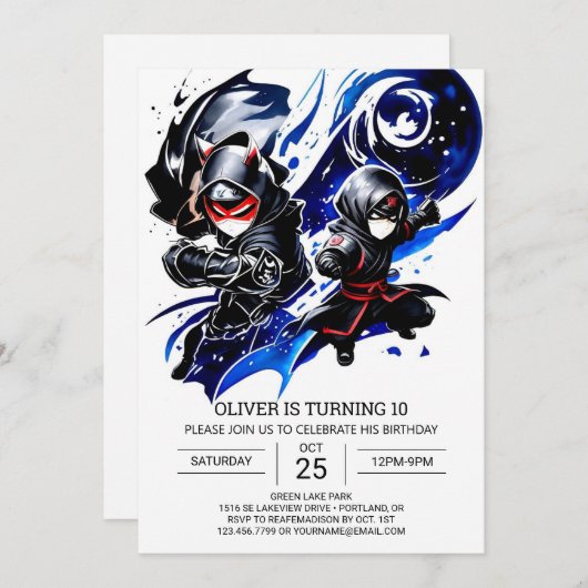 デジタル忍者ブラックベルト誕生日 招待状 (正面/裏面)