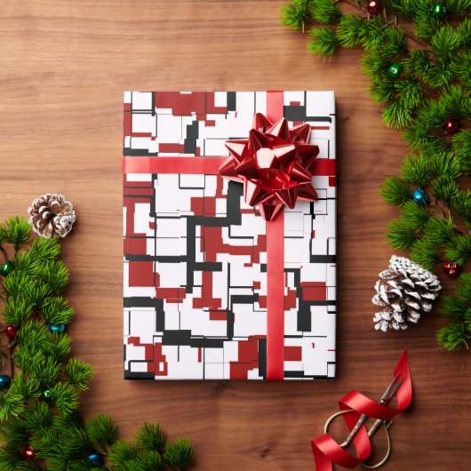 デジタル迷彩柄白黒レッドパターン ラッピングペーパー (クリスマスギフト)
