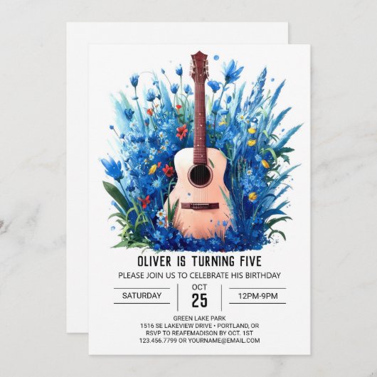 デジタル音楽魔法ギターボーイ誕生日 招待状 (正面/裏面)