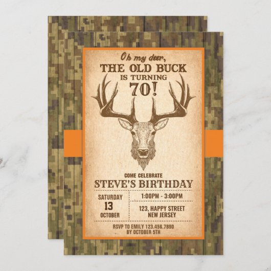 デジタ素朴ル鹿誕生日招待状 招待状 (正面/裏面)