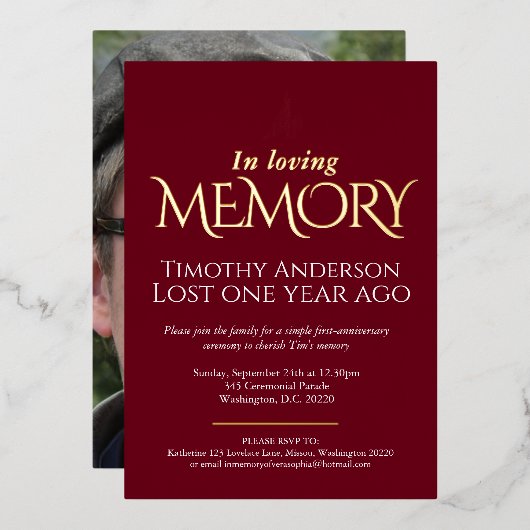 デスアニバーサリー写真暗赤色フォイル 箔招待状 (正面/裏面)