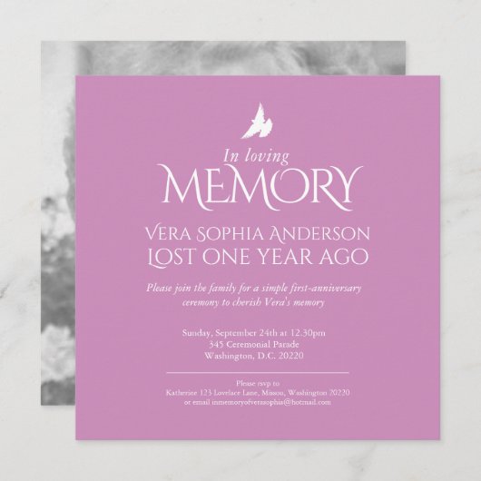 デスアニバーサリー白い鳩ピンクの白い写真 招待状 (正面/裏面)