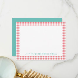 デスクからアクア付きピンクギンガムチェック サンキューカード