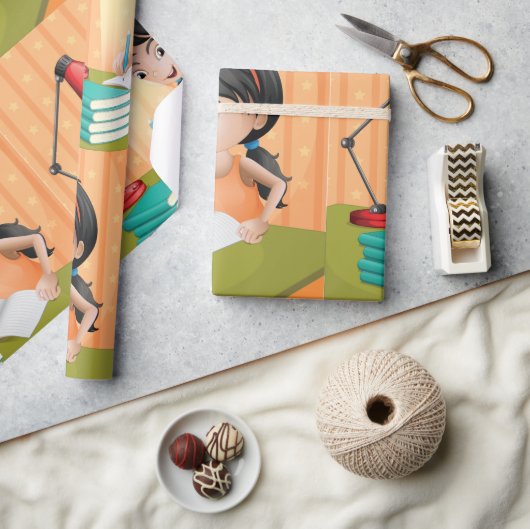 デスクで働く女の子ラッピング紙 ラッピングペーパー (クラフト)