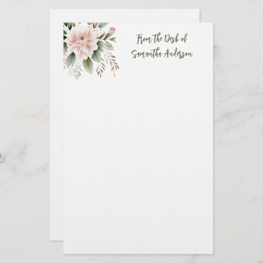 デスクパーソナライズされたからピンク色の緑のフローラ 便箋 (正面/裏面)