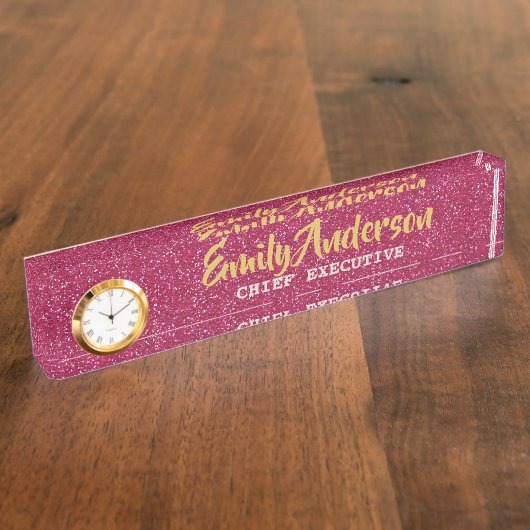 デスクパーソナライズされたネームプレートピンクグリッター金ゴールド デスクネームプレート (側面)