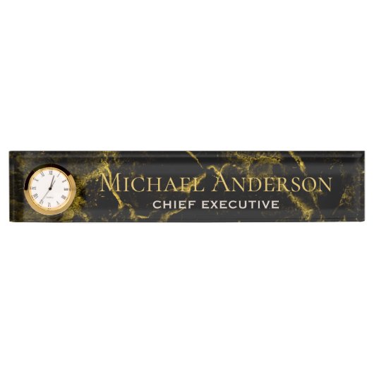 デスクパーソナライズされたネームプレートブラック金ゴールド大理石 デスクネームプレート (正面)