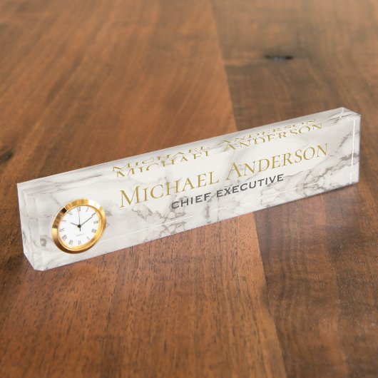 デスクパーソナライズされたネームプレートホワイトグレー大理石 デスクネームプレート (側面)