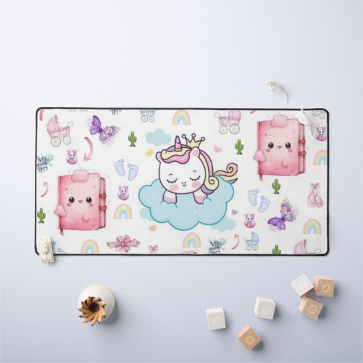デスクマット 青 ピンク ユニコーン 虹 猫 (キッズテーブル)