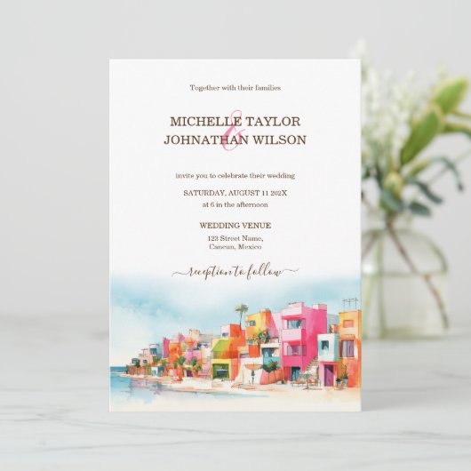 デスティナモダンントウェディングメキシコビーチカラフル 招待状 (スタンド正面)