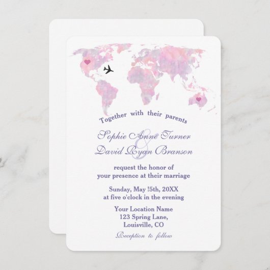 デスティネーエレガントションウェディングウォーターカラーワールドマップ 招待状 (正面/裏面)