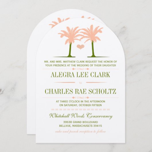 デスティネーションオリーブアンドピーチビーチタイポグラフィ 招待状 (正面/裏面)