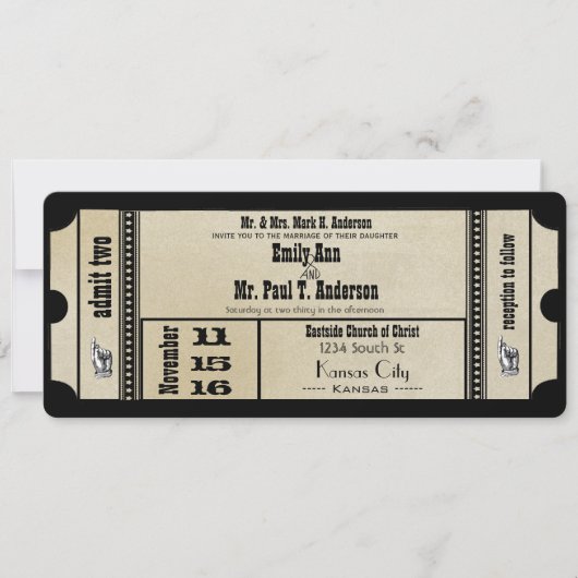 デスティネーションオールドハリウッドチケットプレイビル結婚ズ 招待状 (正面)