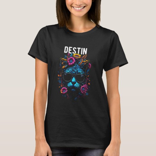 デスティン市 サングラスをかけた猫 花 デザイ Tシャツ (正面)