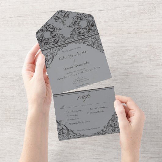 デスブラック&ビクトリアングレーのディナーまで結婚まで オールインワン招待状 (貼ってはがせる)