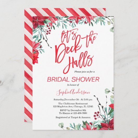 デッキザホールズポインセティシアクリスマスブライダルシャワー 招待状 (正面/裏面)