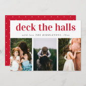 デッキザホールズレッドスクリプトスリーフォトホリデー シーズンカード (正面/裏面)