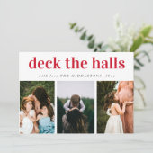 デッキザホールズレッドスクリプトスリーフォトホリデー シーズンカード (スタンド正面)