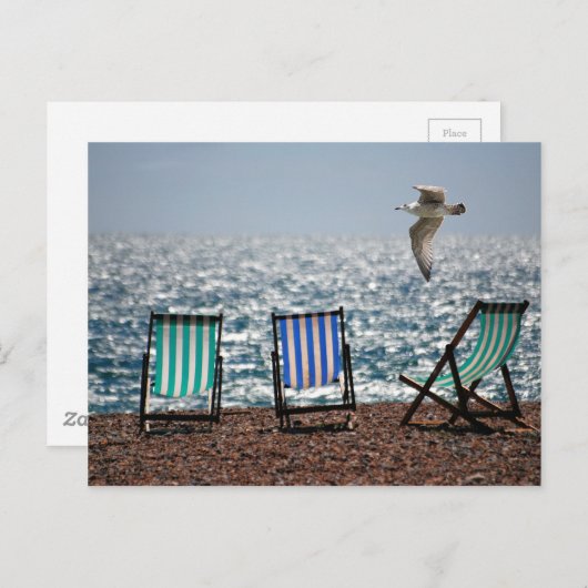 デッキチェア海ビーチカモメの美しい景色 ポストカード (正面/裏面)