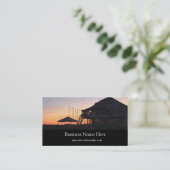 デッキ建物付きの湖畔の夕日 名刺 (スタンド正面)