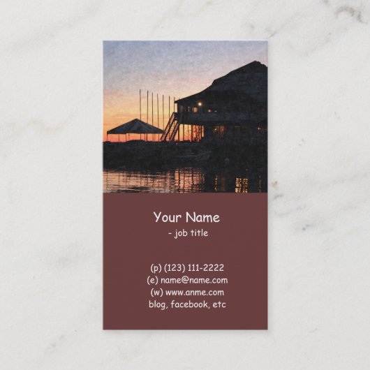 デッキ建物付きの湖畔の夕日 名刺 (正面)