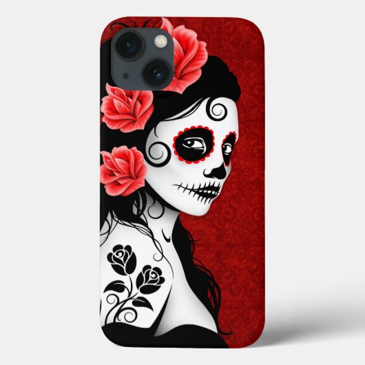 デッド砂糖の日スカルガール – 深いレッド Case-Mate iPhoneケース (裏面)