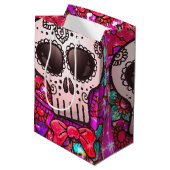 デッド赤ホットピンクグリッター砂糖スカル ミディアムペーパーバッグ (裏面アングル)