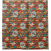 デッド・シュガー・スカル、オレンジ色のジグザグ シャワーカーテン (正面)