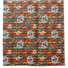 デッド・シュガー・スカル、オレンジ色のジグザグ シャワーカーテン