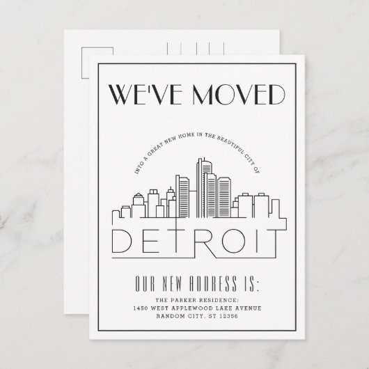 デトロイトのスカイライン モダンデコ 引っ越しのお知らせ 案内ポストカード (正面/裏面)