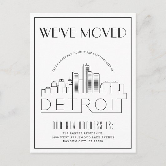 デトロイトのスカイライン モダンデコ 引っ越しのお知らせ 案内ポストカード (正面)