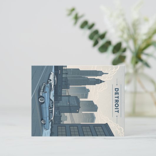 デトロイトクラシック:車と都市スカイラインイラストレティ ポストカード (スタンド正面)