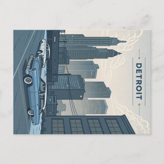 デトロイトクラシック:車と都市スカイラインイラストレティ ポストカード (正面)