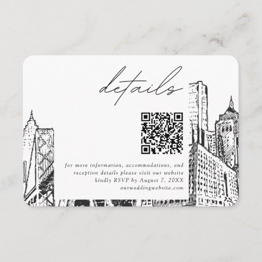 デトロイトスカイライン結婚スモールの詳細QRコードRSVP エンクロージャーカード (正面)