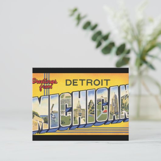 デトロイトミシガンからの挨拶_ヴィンテージ旅行 ポストカード (スタンド正面)