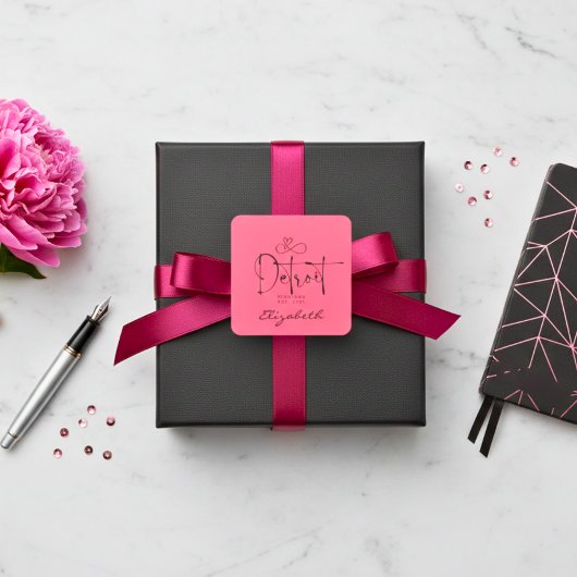 デトロイトミシガンエスト1701 "あなたの名前"ピンク スクエアシール