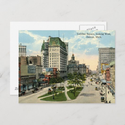 デトロイトミシガン州キャディラックスクエア1915ヴィンテージ ポストカード (正面/裏面)