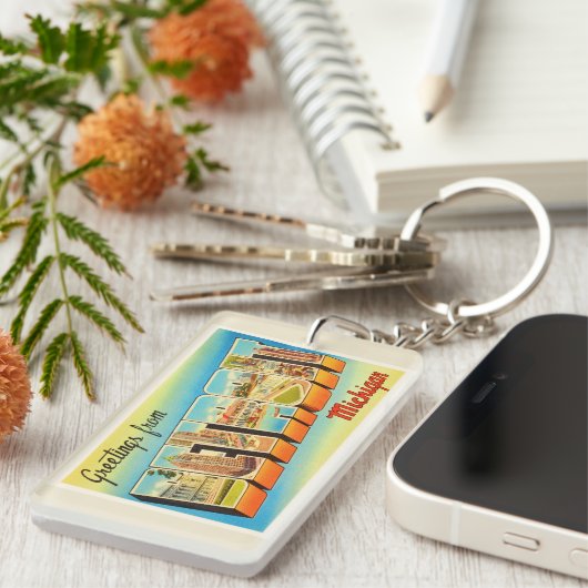 デトロイトミシガン州MI古いヴィンテージ旅行記念品 キーホルダー (正面右)